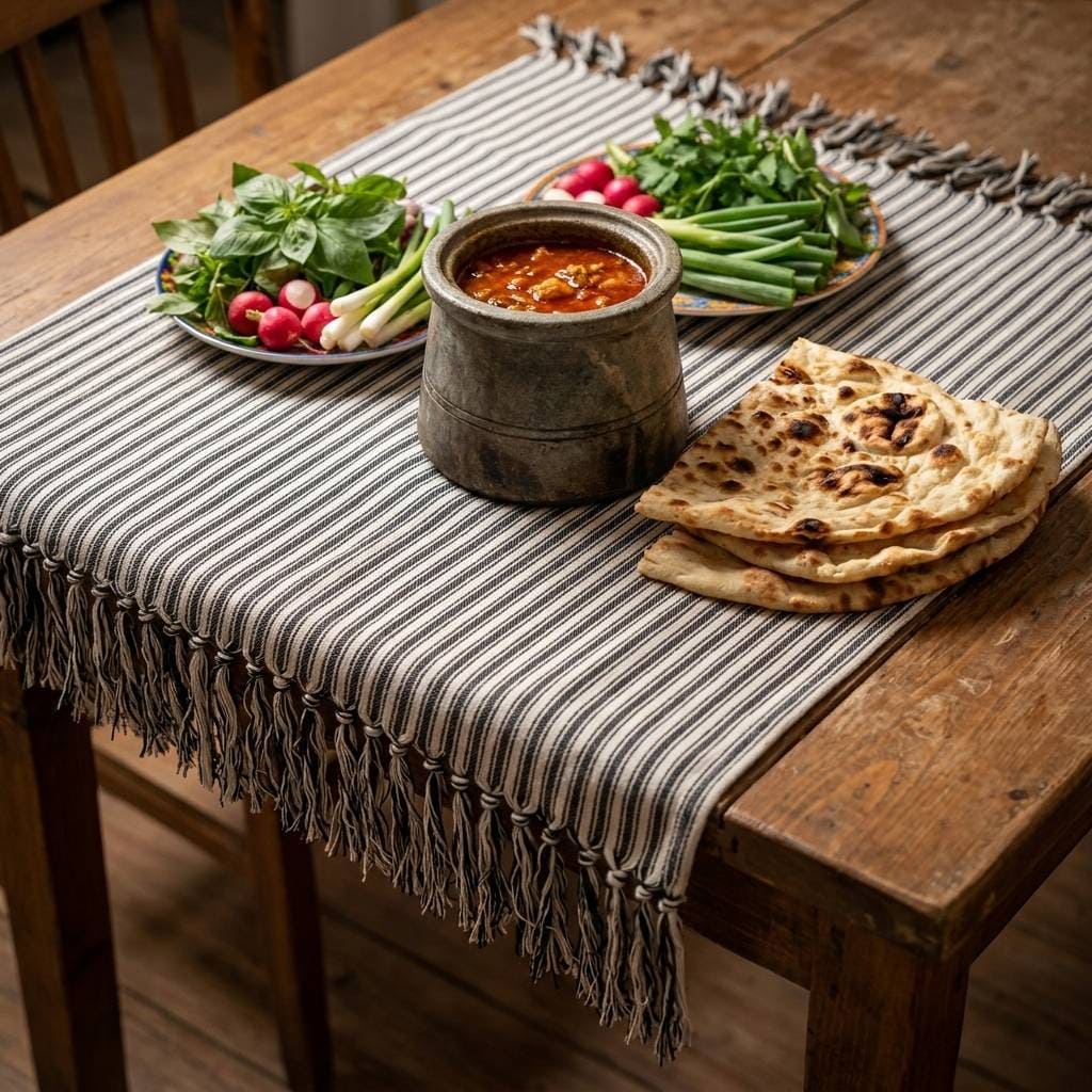 سفره و رومیزی نخی ریشه‌دار سنتی یزدی